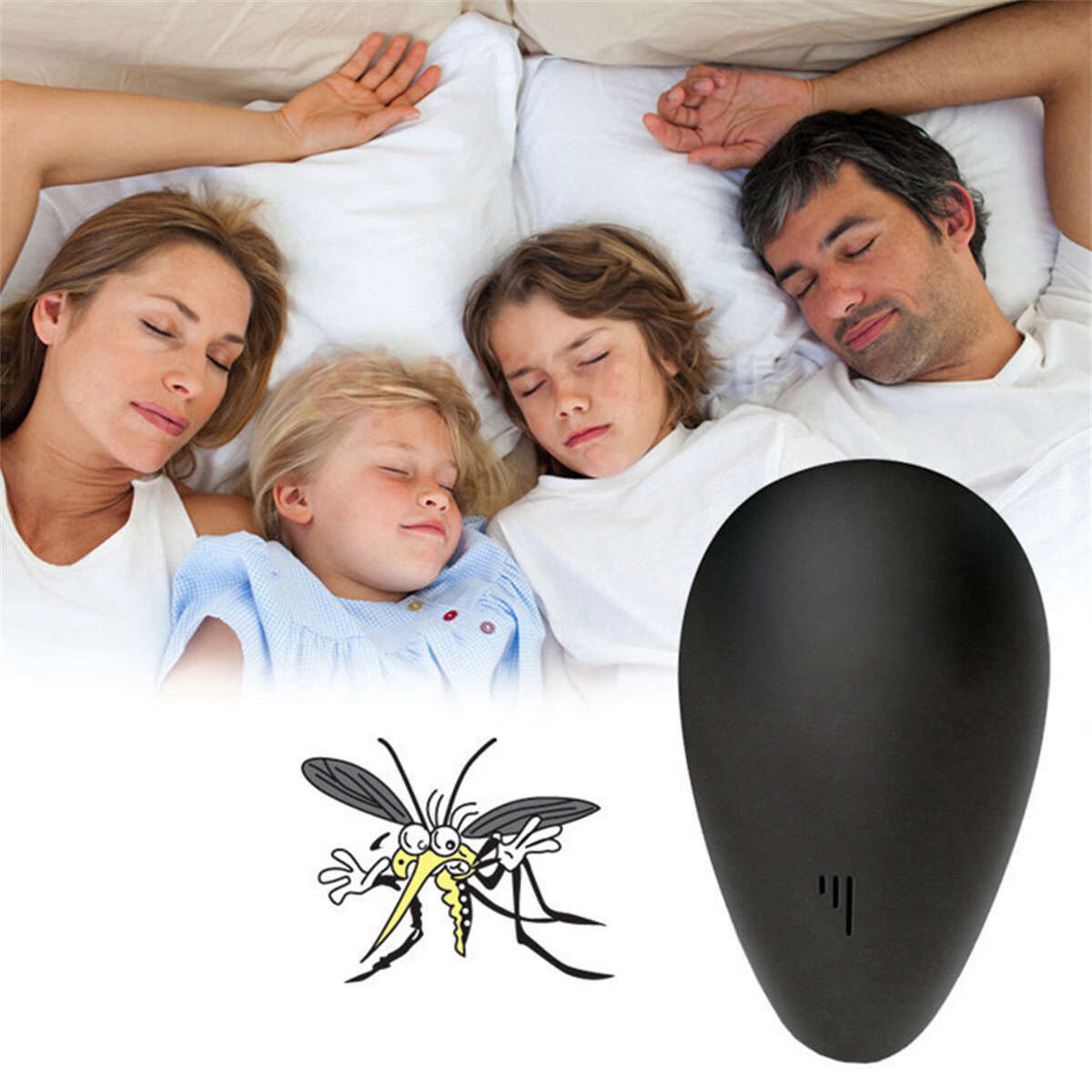 Familie schläft im Bett, Zeichentrickmücke und ein schwarzes Mückenschutzgerät.