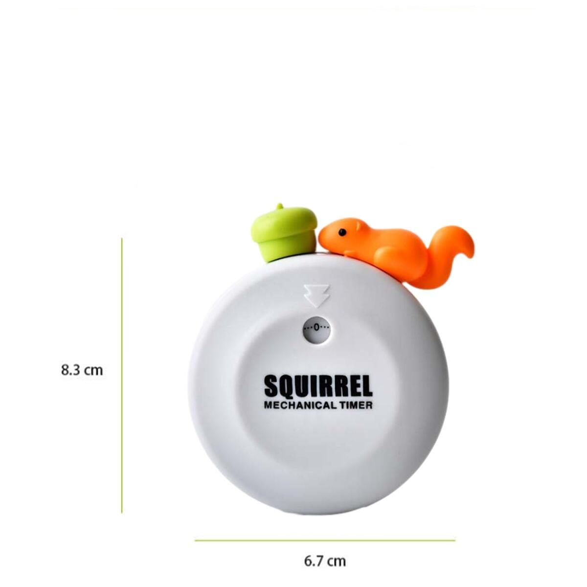 Weißer mechanischer Timer mit Eichhörnchen, Abmessungen 8,3 cm und 6,7 cm.