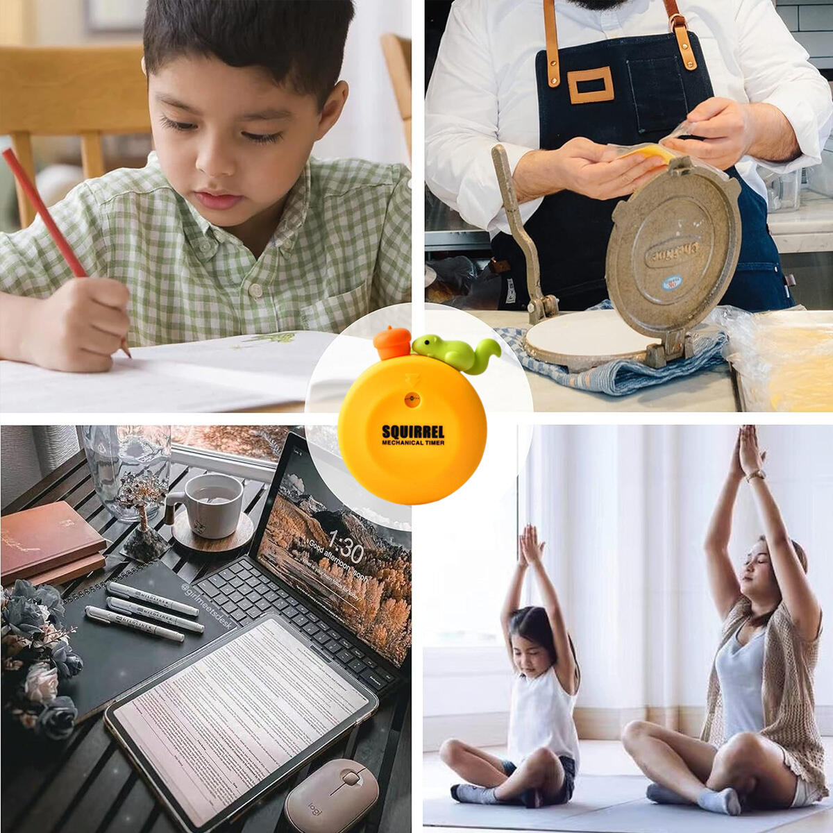 Eine Collage von Bildern, darunter ein schreibender Junge, ein Koch, der Tortillas zubereitet, ein Arbeitsplatz und Yoga.