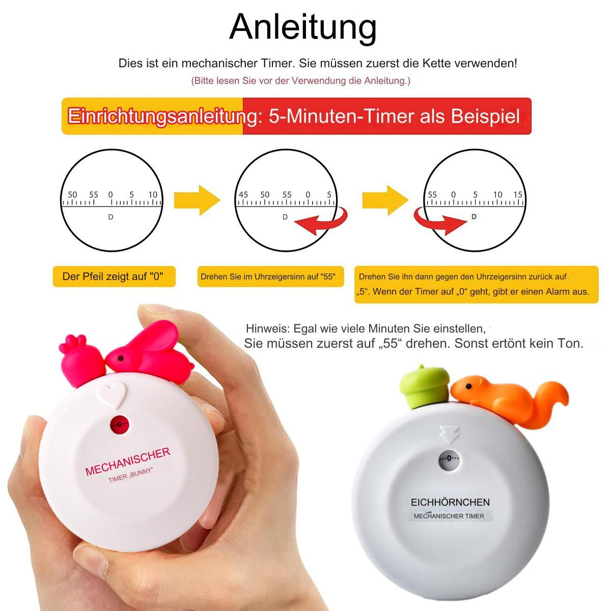 Lehrbild eines weißen mechanischen Timers mit Hase und Eichhörnchen.