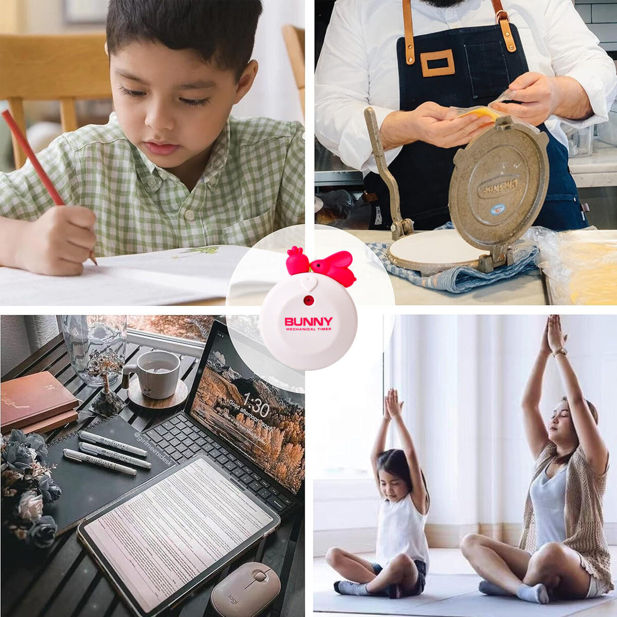 Junge schreibt auf Papier, Hasen-Timer, Koch, der eine Presse benutzt, Yoga mit Mutter und Kind, Laptop.