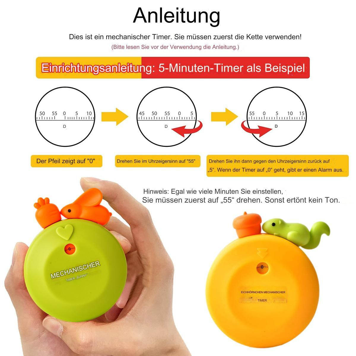 Zwei Timer. Einer grün, einer orange. Beide haben Hasen und Anweisungen.