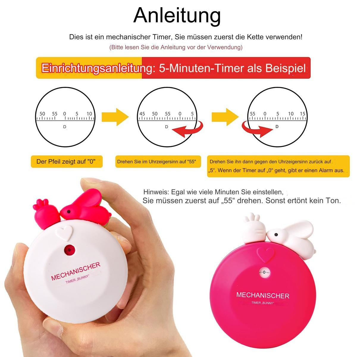 Ein pink-weißer mechanischer Timer mit Anleitung und Hasen-Design. Pfeil zeigt auf die Einstellung.