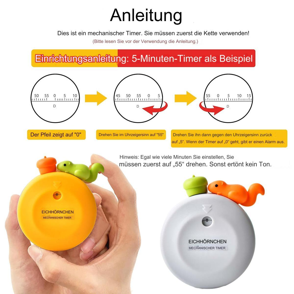 Orangener Timer mit grünem Eichhörnchen, weißem Zifferblatt und schwarzen Markierungen. Anweisungen auf Deutsch.