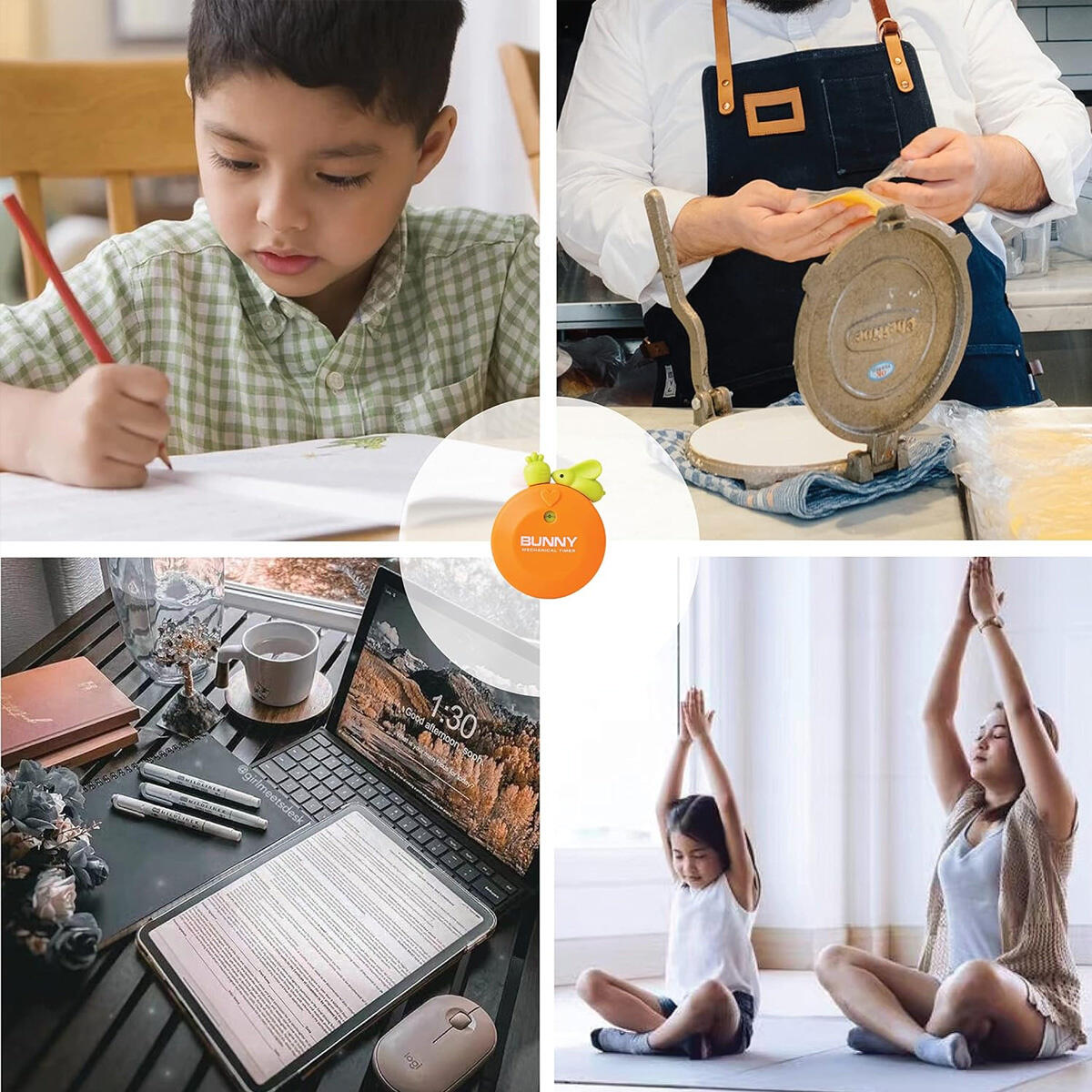 Collage: Kind schreibt, Person macht Tortillas, Laptop-Setup, Yoga-Praxis.