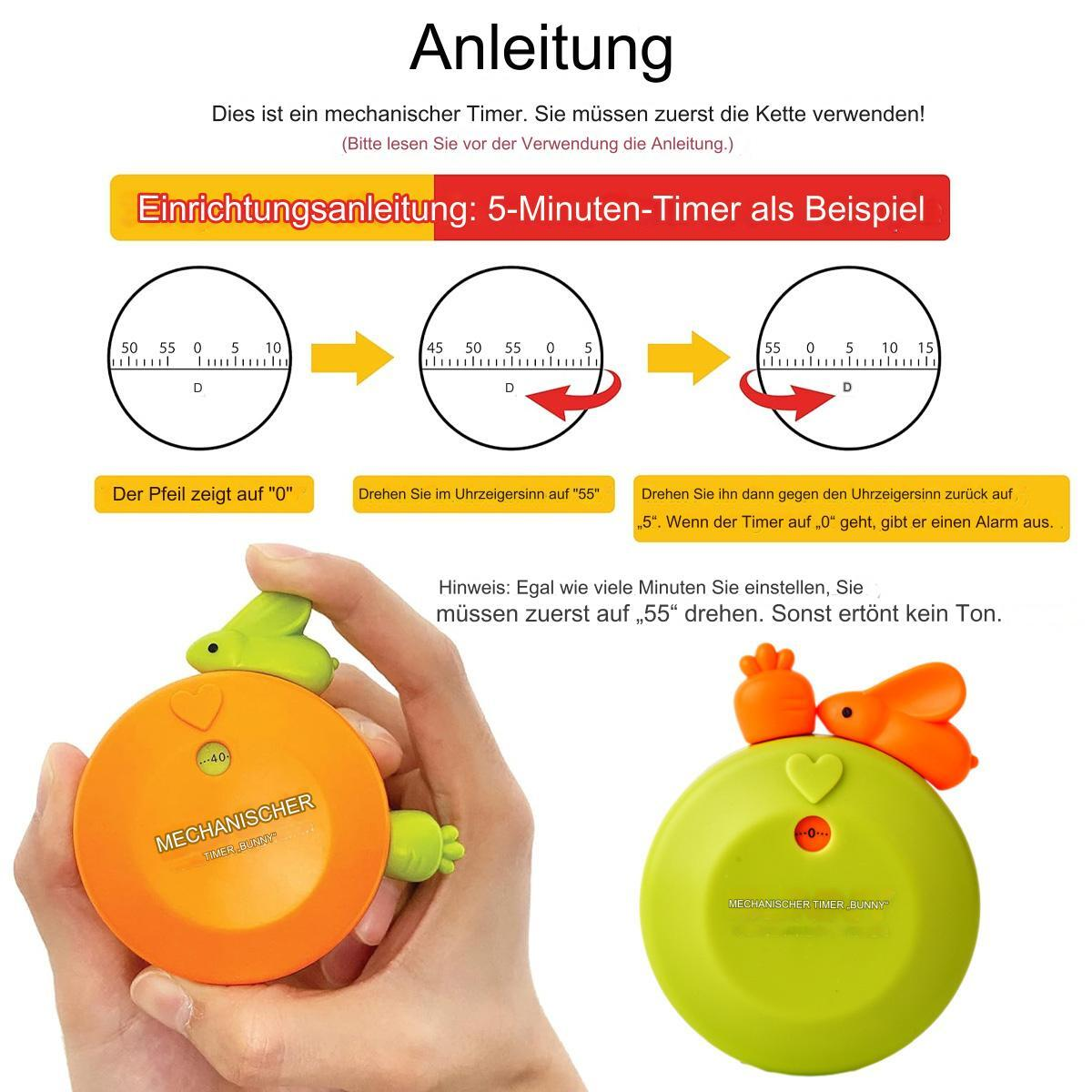 Anleitung für einen mechanischen Timer. Eine Hand stellt den Timer ein. Der Timer ist orange und grün geformt.