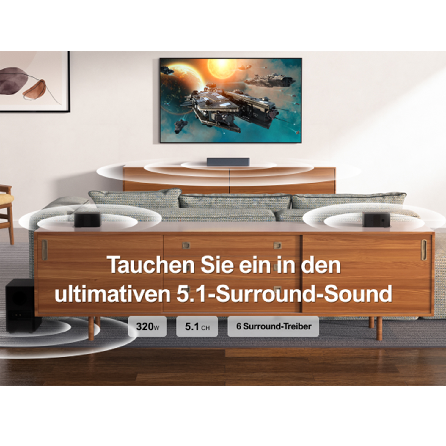 Ein Wohnzimmer-Setup mit Fernseher, Lautsprechern und Text über Surround-Sound.