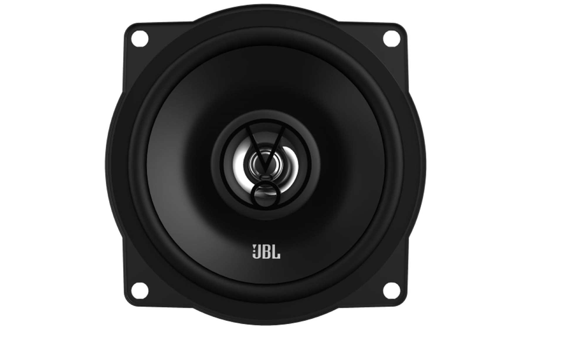 Schwarzer JBL-Autolautsprecher mit zentralem Logo, montiert auf einem quadratischen Rahmen. Weißer Hintergrund.