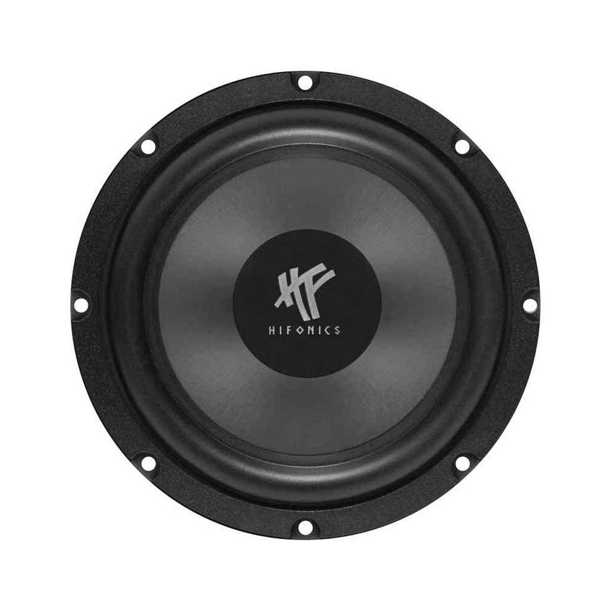 Schwarzer Auto-Subwoofer mit dem Markennamen HIFONICS in Weiß. Der Subwoofer ist rund und hat einen Konus.