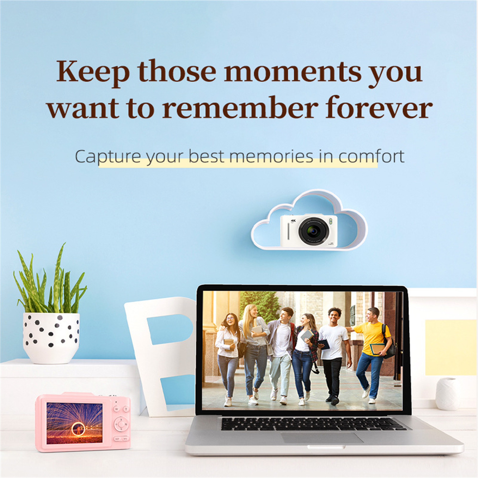 Weiße Kamera in einer Wolke, Leute mit Laptop. Text: 'Behalten Sie diese Momente...'