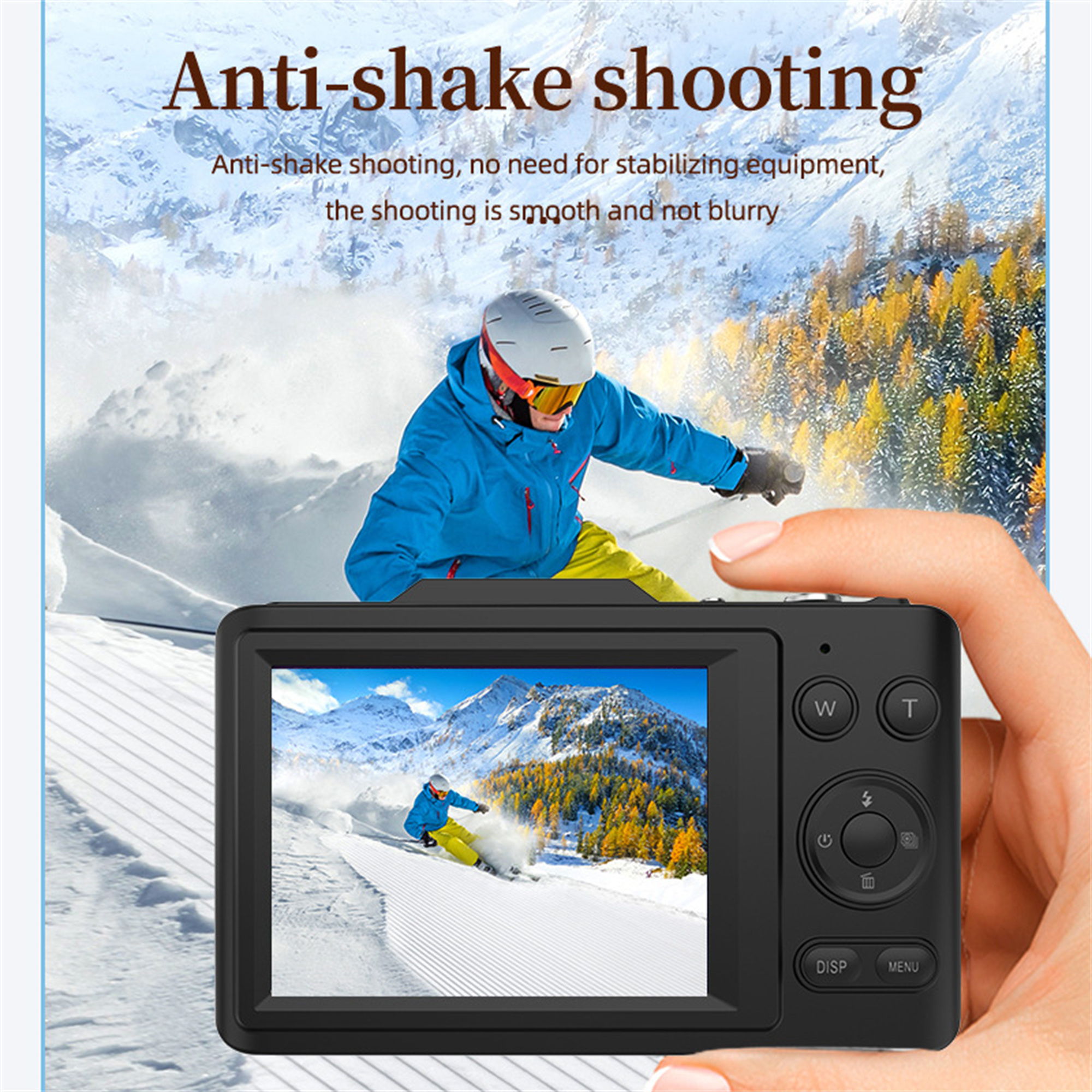 Eine Kamera zeigt einen Skifahrer. Text 'Anti-Shake-Aufnahme' mit schneebedecktem Hintergrund.