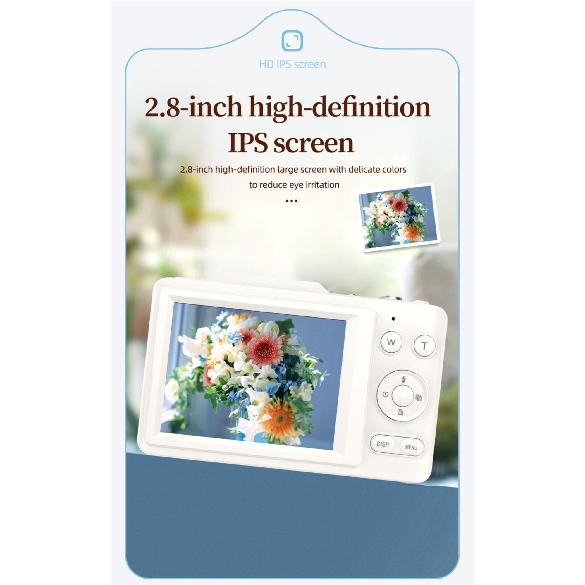 Weiße Kamera zeigt einen Blumenstrauß. Text: 2,8 Zoll High-Definition IPS-Bildschirm.