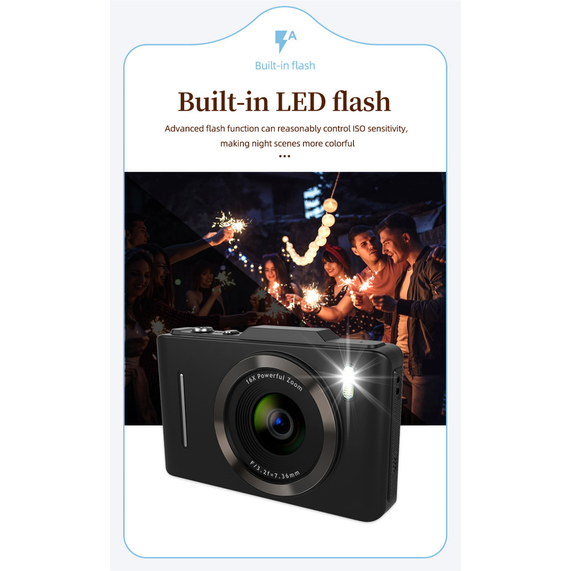 Schwarze Kamera mit Blitz. Grafik von Menschen mit Wunderkerzen im Hintergrund. Text: 'Built-in LED flash'.