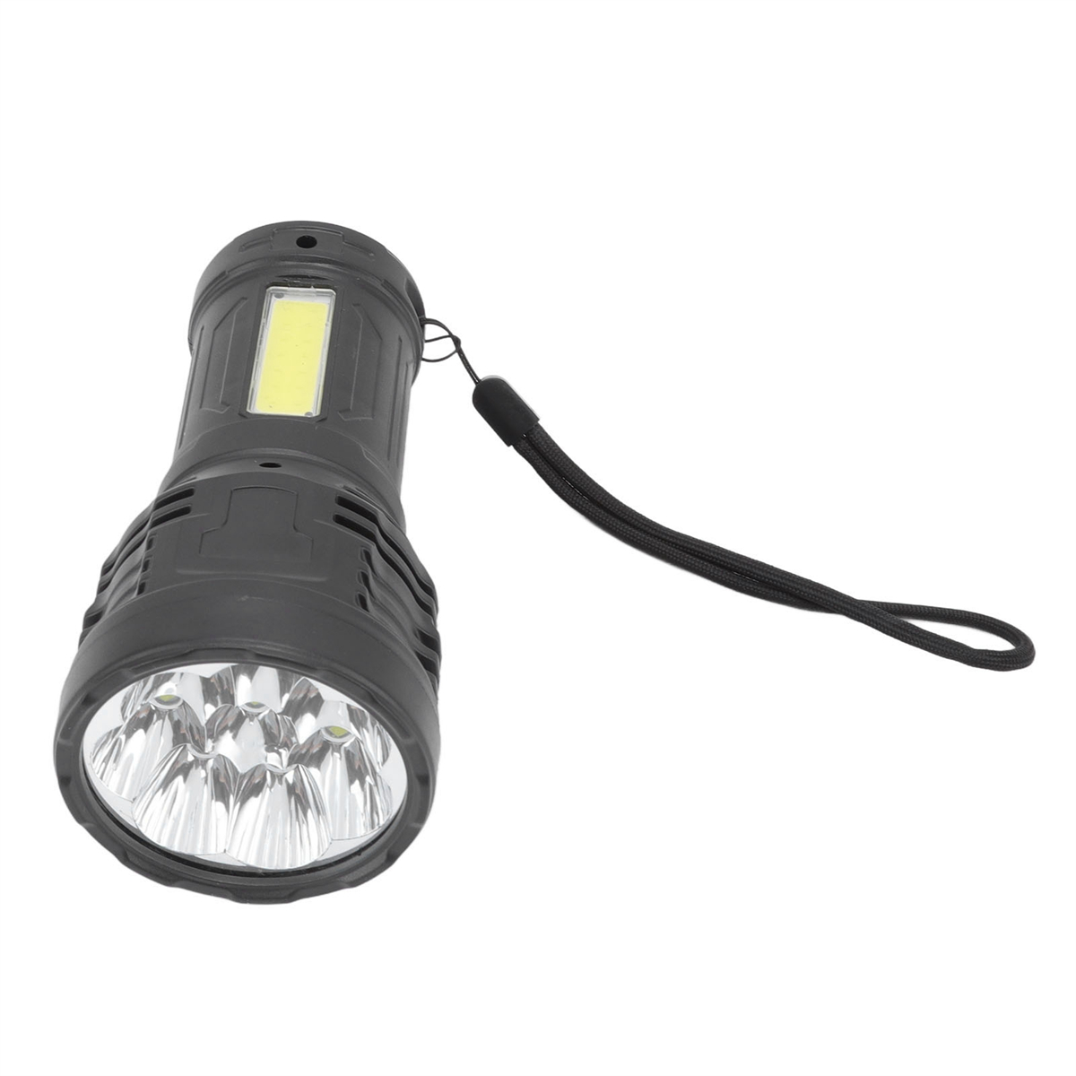Schwarze Taschenlampe mit einem Riemen. Die Taschenlampe hat weißes Licht und einen schwarzen Riemen.