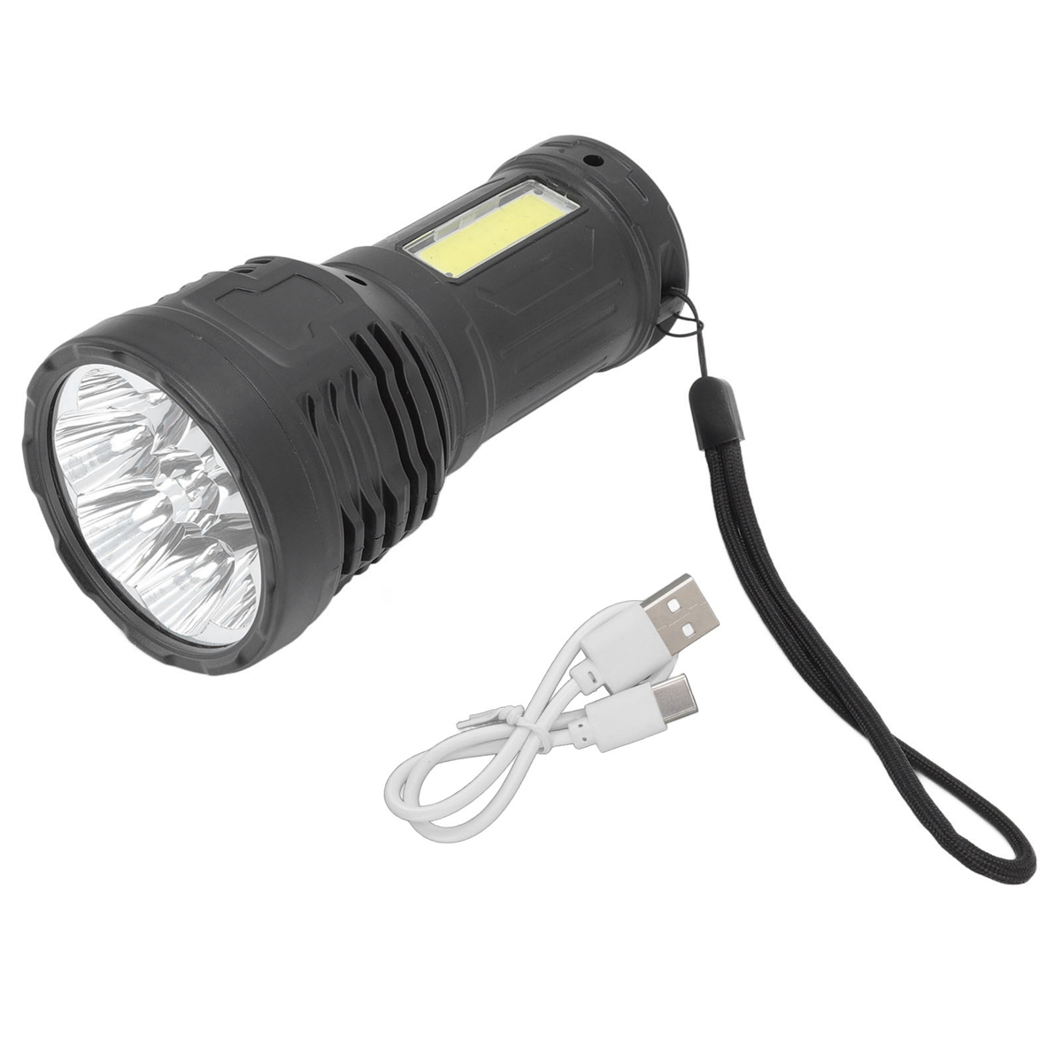 Schwarze Taschenlampe mit weißem USB-Kabel und Trageband, auf weißem Hintergrund.