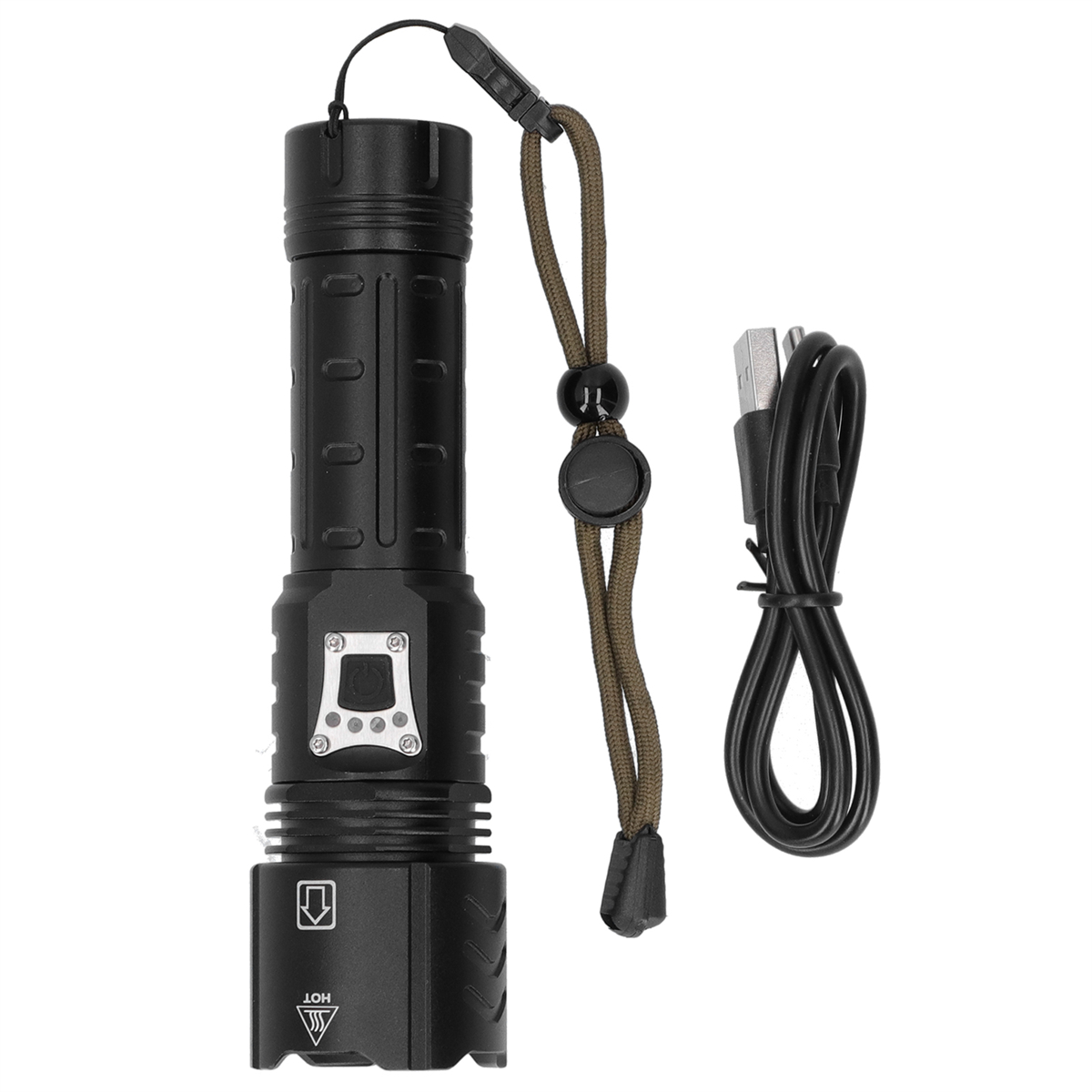 Schwarze Taschenlampe mit USB-Ladekabel und Lanyard. Enthält mehrere Tasten und einen Ladeanschluss.
