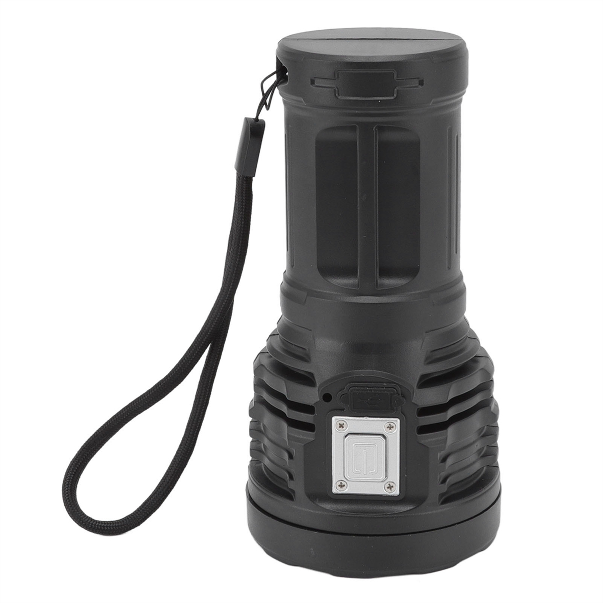 Schwarze Taschenlampe mit schwarzem Riemen, zeigt das Licht und den Griff.
