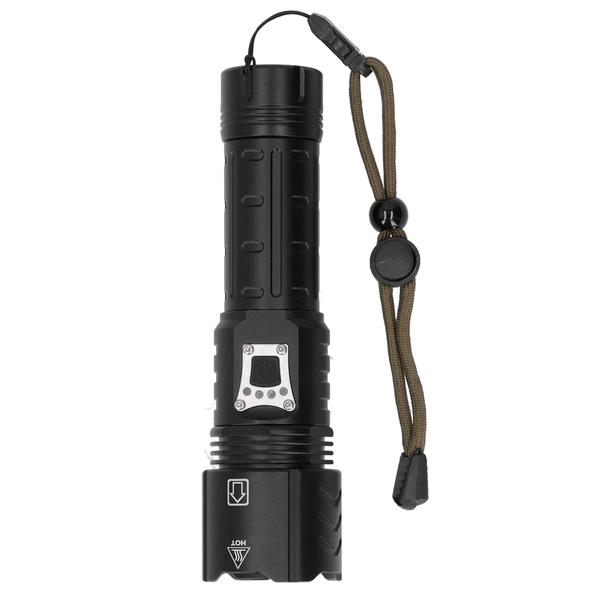 Eine schwarze Taschenlampe mit Lanyard. Die Taschenlampe hat einen strukturierten Griff und Knopftasten.