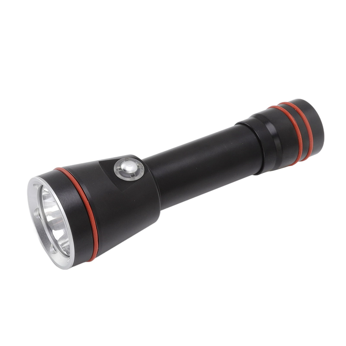 Schwarze Taschenlampe mit roten Ringen auf weißem Hintergrund.