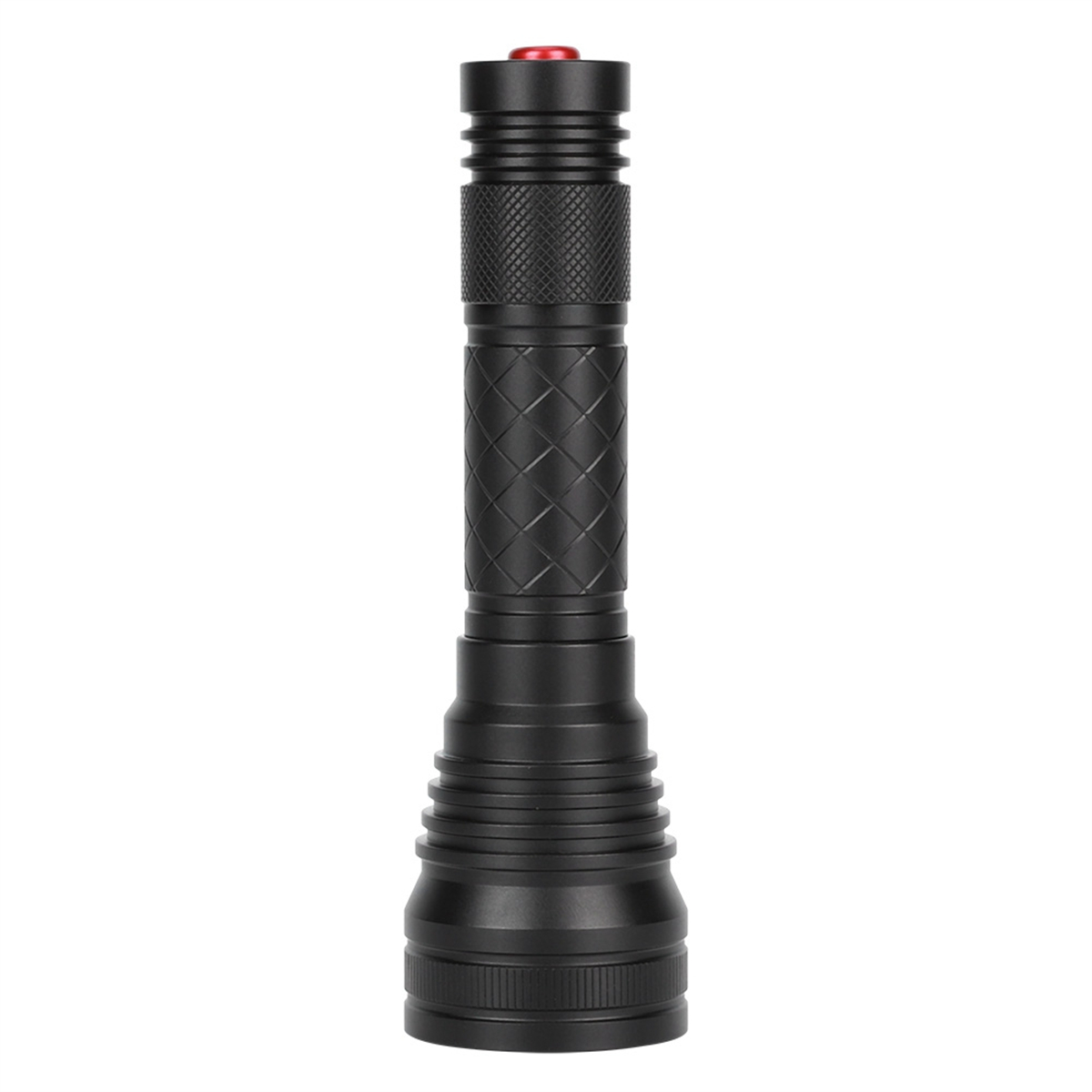 Eine schwarze Taschenlampe mit rotem Knopf oben. Der Körper hat strukturierte Griffdetails.