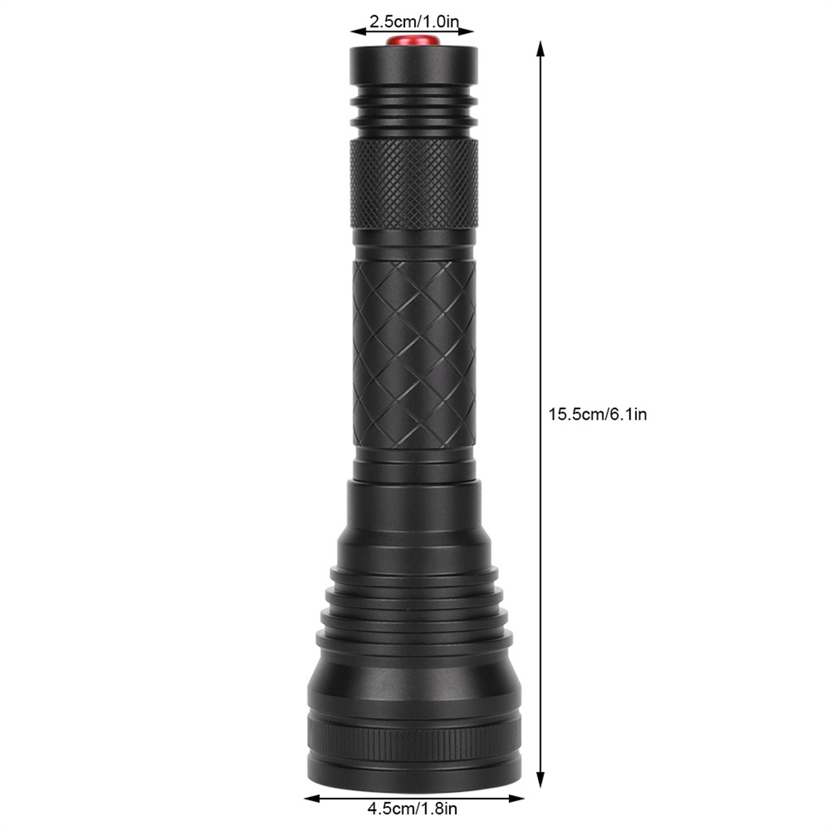 Schwarze Taschenlampe mit Maßangaben. Sie ist 15,5 cm lang und 4,5 cm breit.