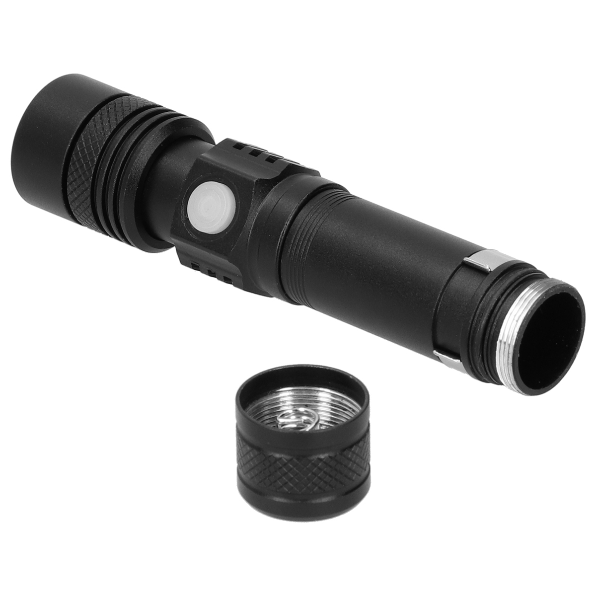 Schwarze Taschenlampe, zerlegt, Kappe und Innenteile sichtbar.