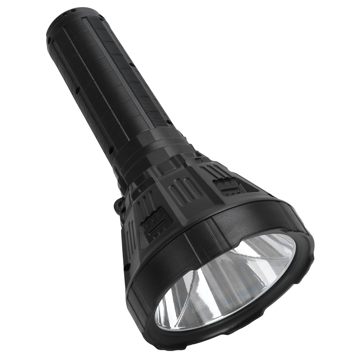 Schwarze Taschenlampe, angewinkelt, zeigt die Lichtquelle und den strukturierten Griff.
