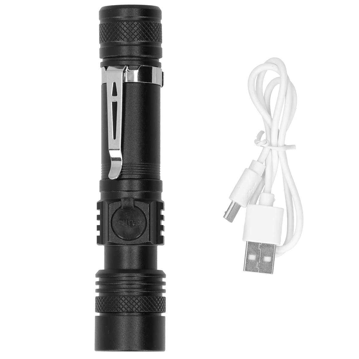 Eine schwarze Taschenlampe mit silbernem Clip und weißem Ladekabel, USB- und Micro-USB-Enden.