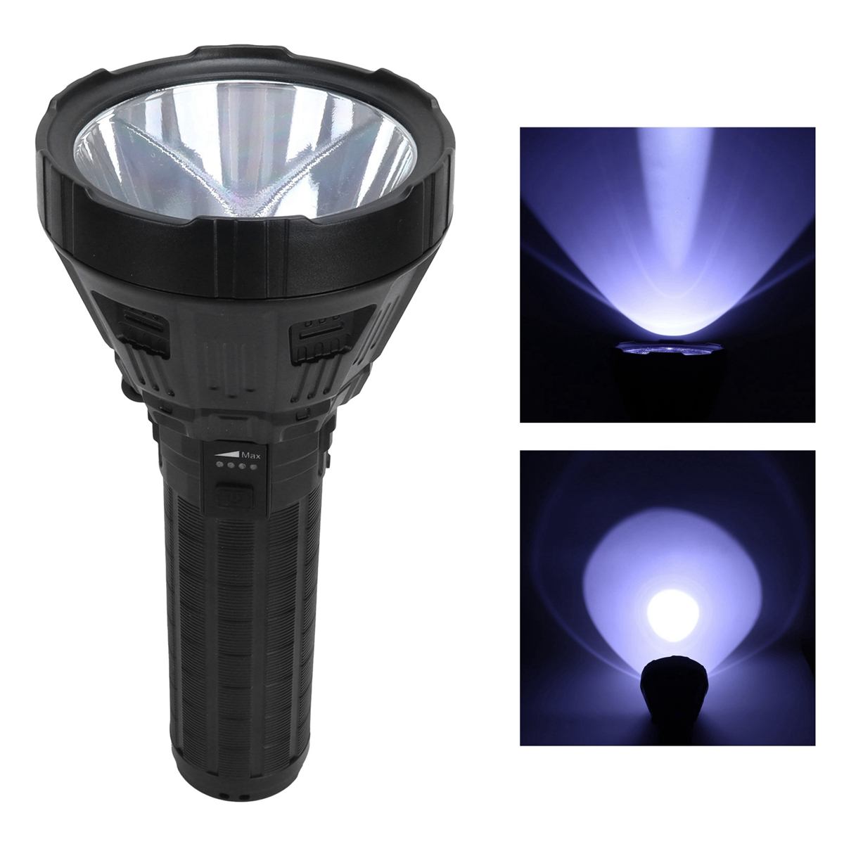 Große schwarze Taschenlampe vor weißem Hintergrund. Zwei Lichtstrahlen rechts.