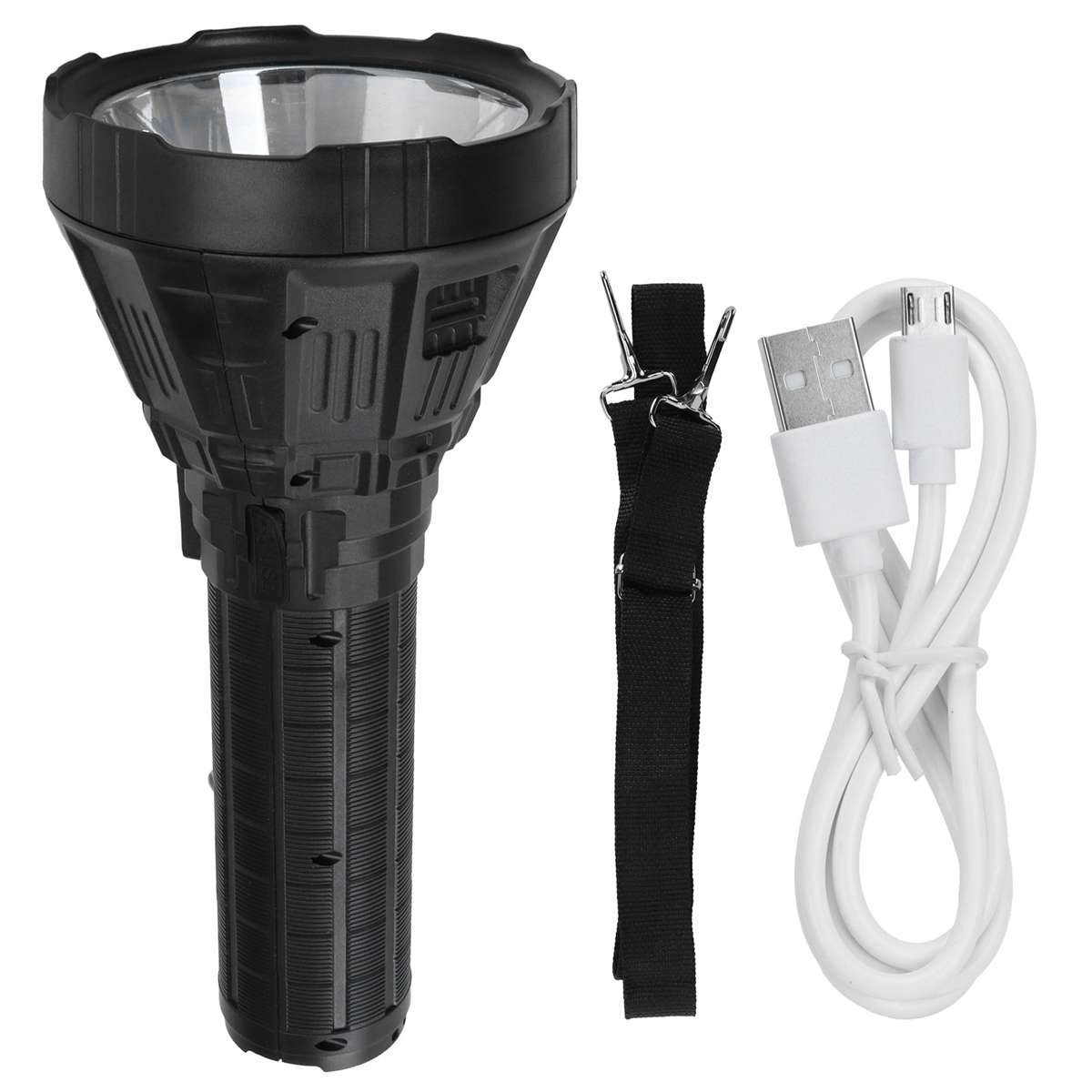 Eine schwarze Taschenlampe mit Gurt und Ladekabel auf weißem Hintergrund.