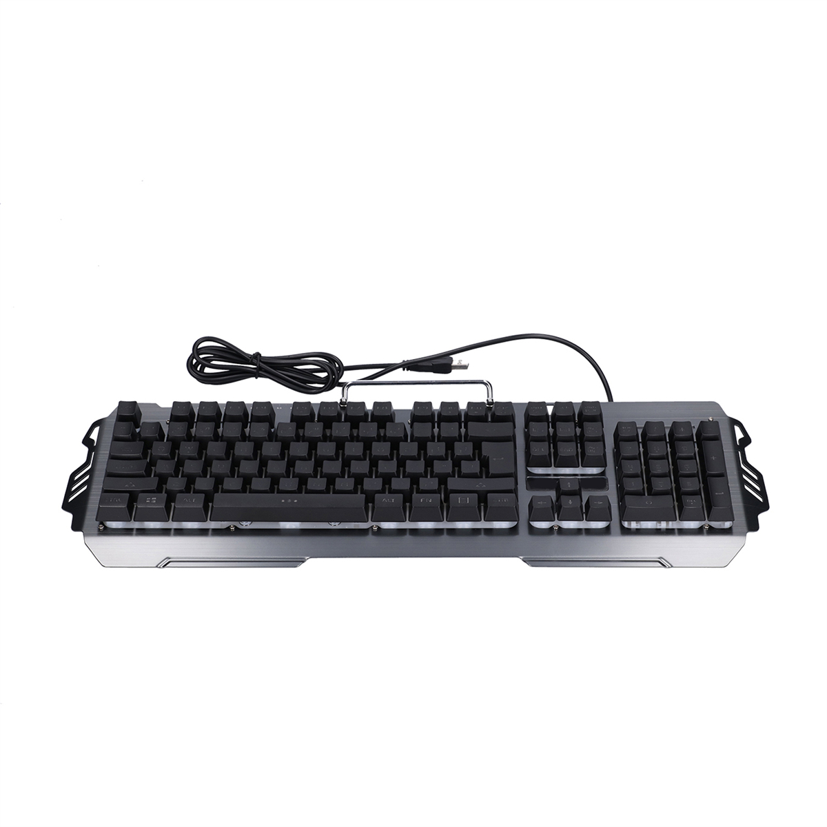Eine schwarze kabelgebundene Tastatur mit grauen Akzenten. Die Tastatur hat schwarze Tasten und ein USB-Kabel.