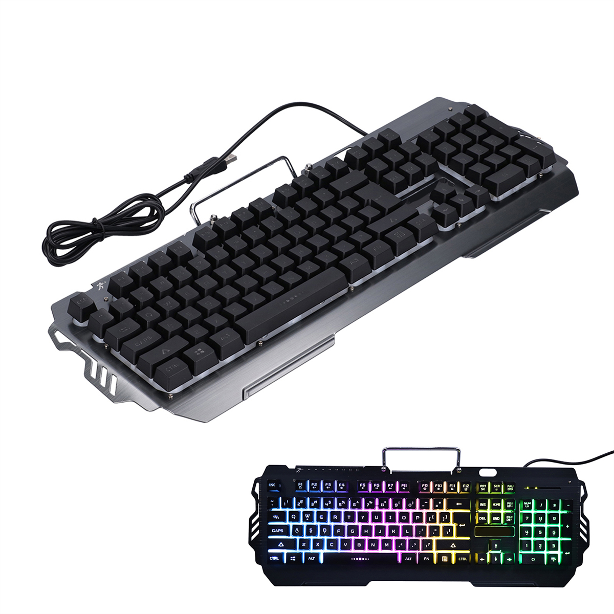 Gaming-Tastatur mit Metallrahmen und beleuchteten Tasten, mit schwarzen Tastenkappen.