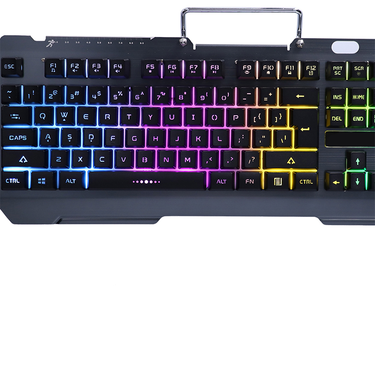 Eine schwarze und graue Gaming-Tastatur mit bunten Lichtern und einem silbernen Griff oben.