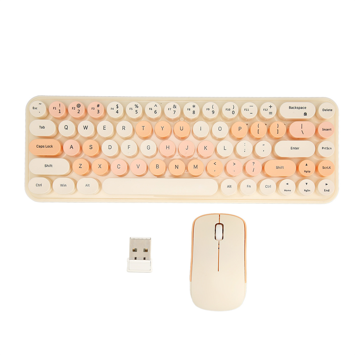 Eine cremefarbene Tastatur und Maus mit rosa und orangefarbenen Tasten und einem USB-Empfänger.