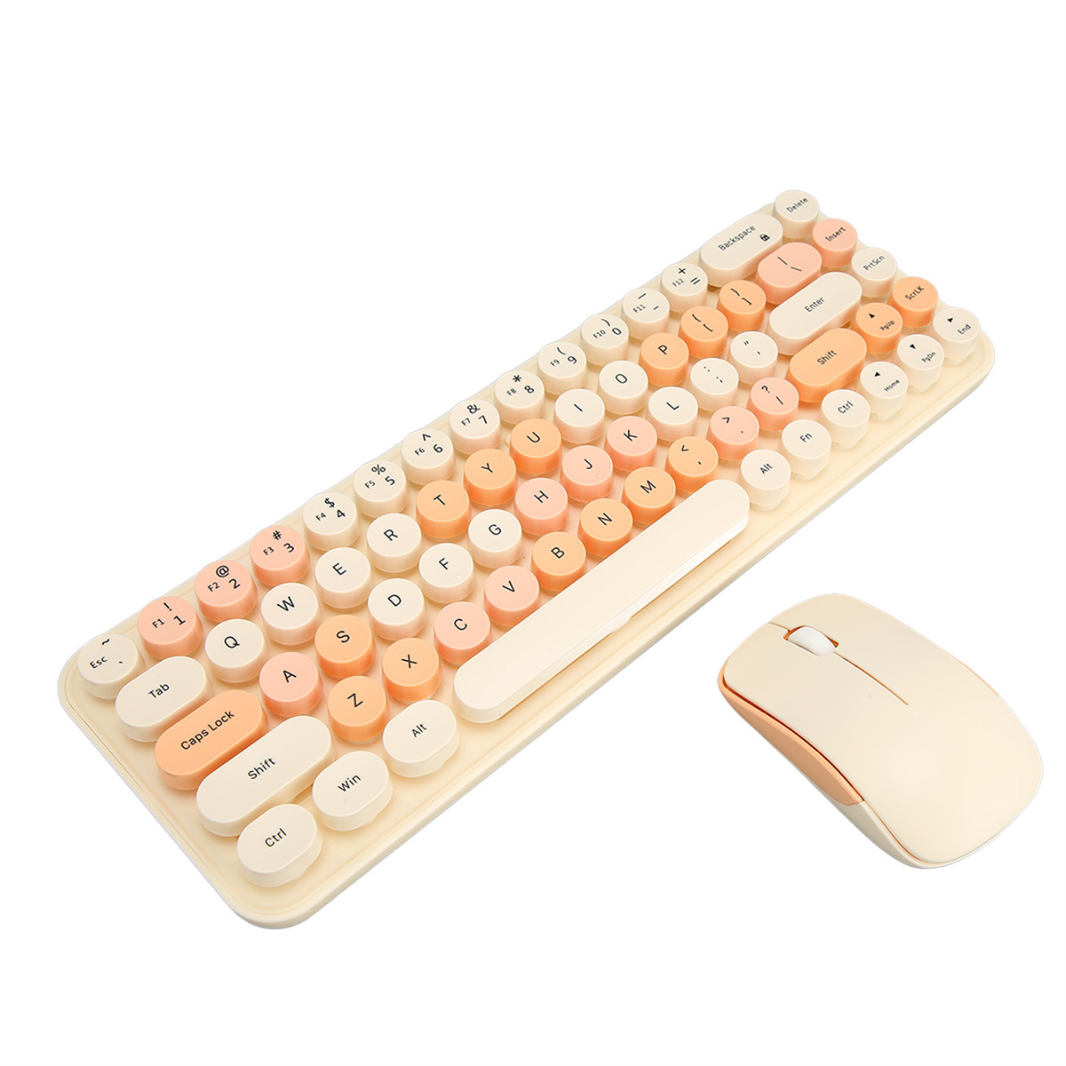 Eine Tastatur im Retro-Stil und eine Maus. Die Tastatur hat runde Tasten in Pastellfarben.