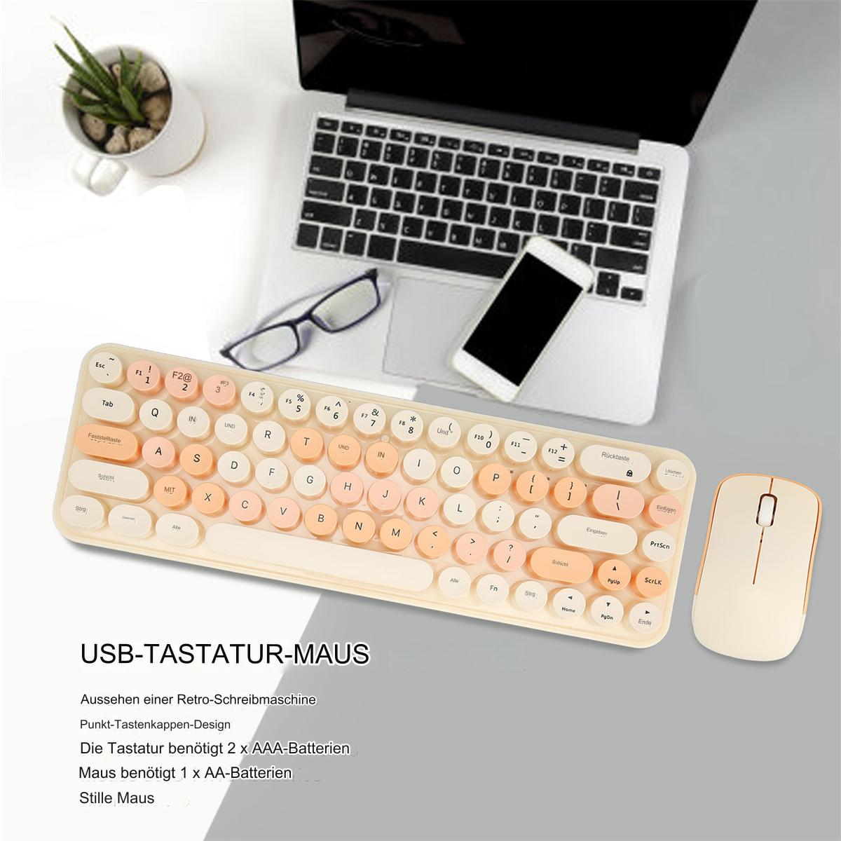 Ein Tastatur- und Maus-Set auf einem Schreibtisch mit Laptop und Telefon.