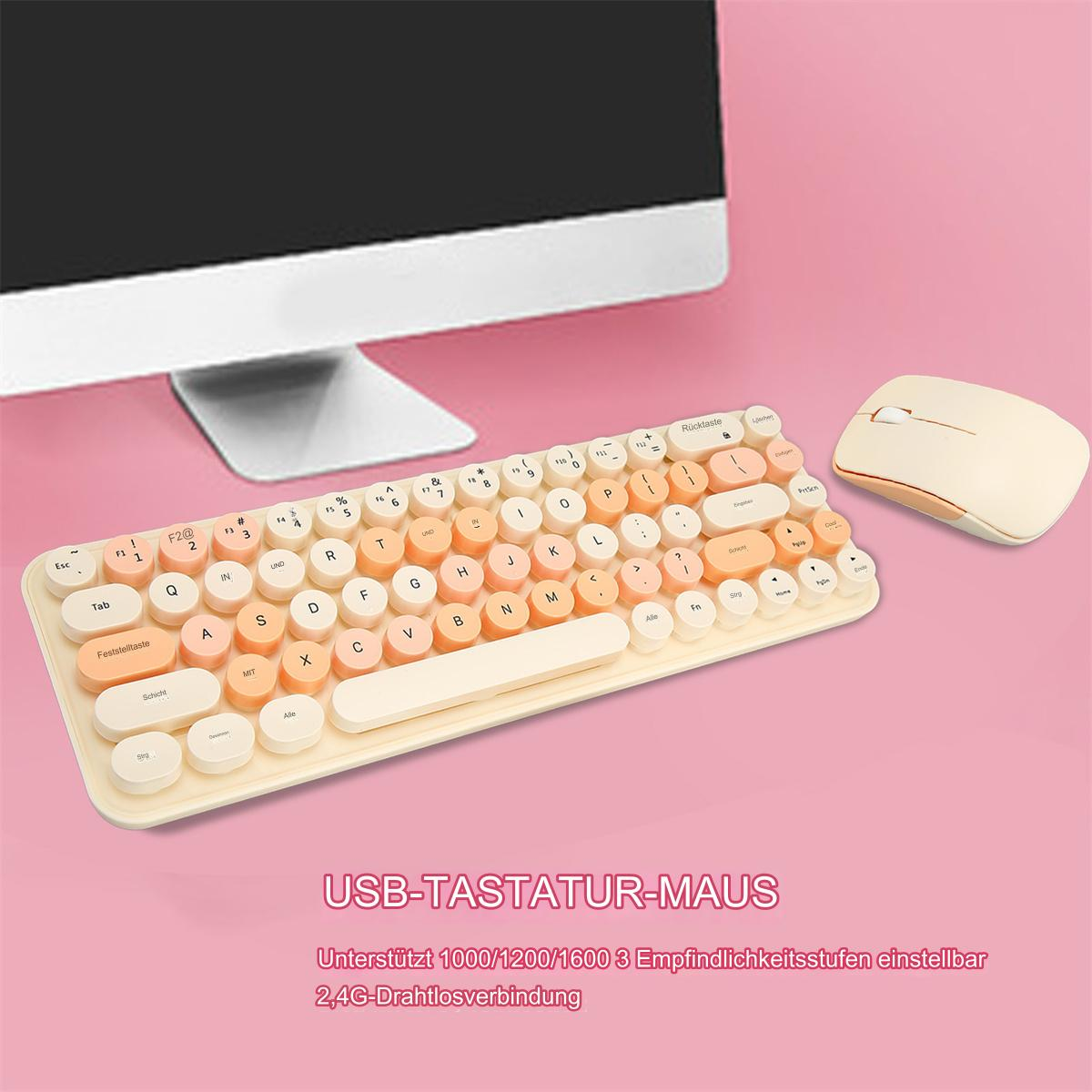 Tastatur und Maus im Retro-Stil, mit rosa Hintergrund und Text.