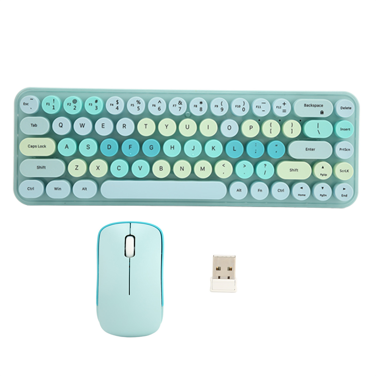 Eine türkisfarbene kabellose Tastatur, Maus und ein USB-Empfänger, vor weißem Hintergrund.