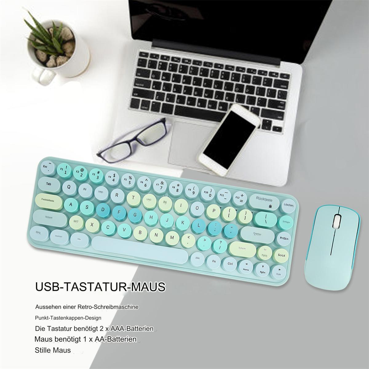 Tastatur- und Maus-Set auf einem Schreibtisch mit Laptop.