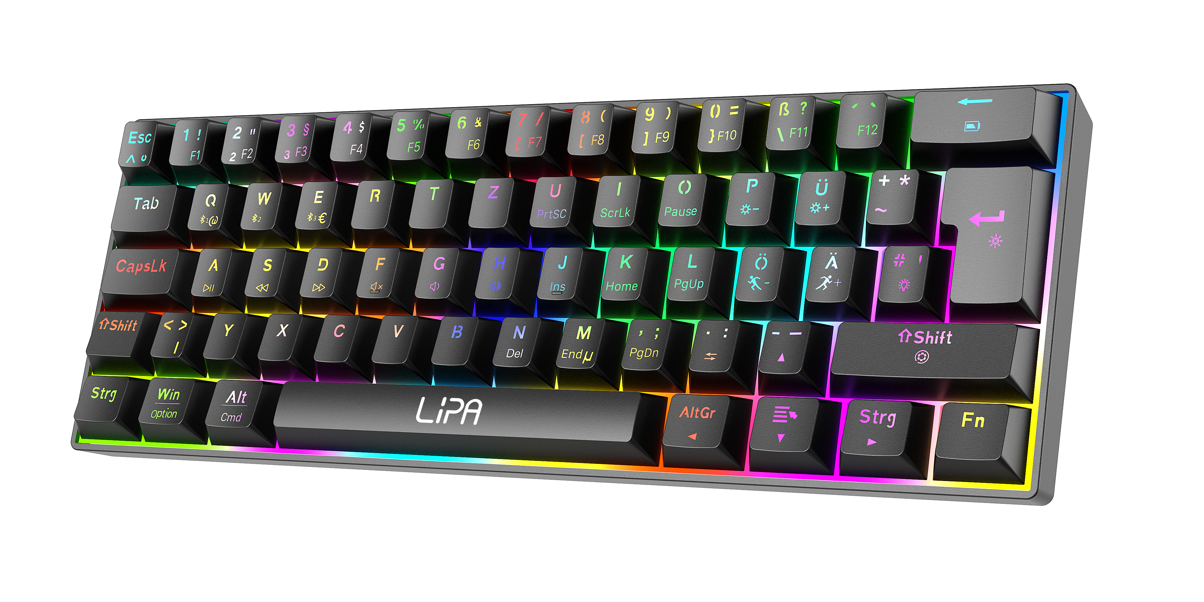 Czarna klawiatura z kolorowymi klawiszami. Klawisze są oznaczone literami, cyframi i symbolami.