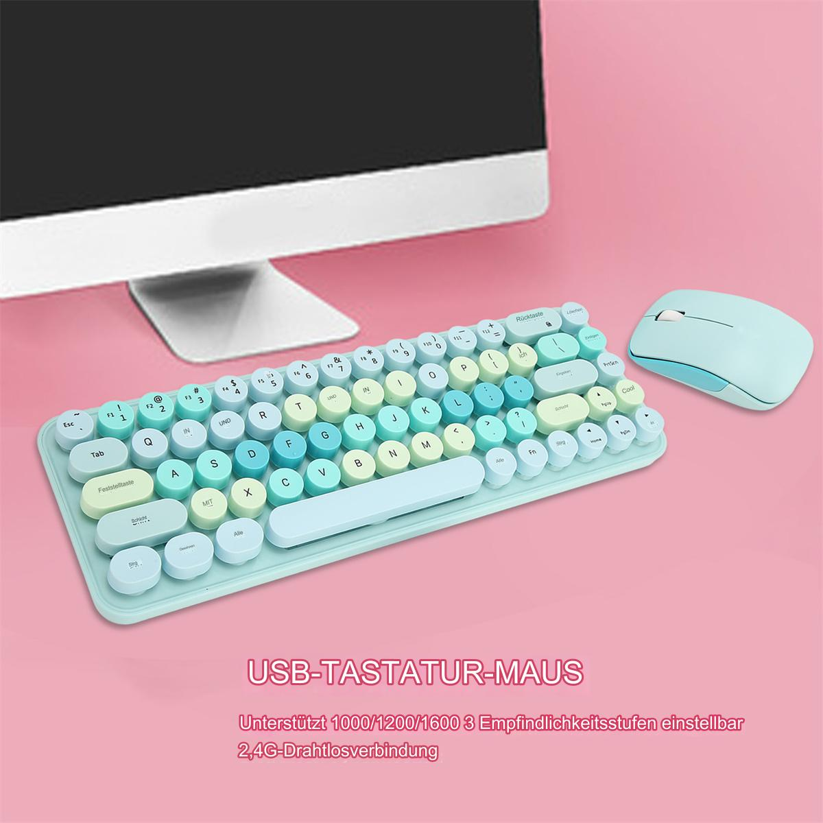 Ein hellblaues Tastatur- und Maus-Set auf rosa Hintergrund, mit weißen Tastaturtasten.