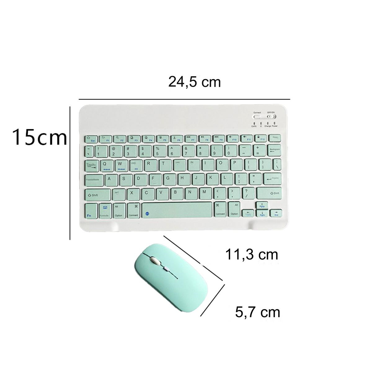 Weiße Tastatur und Maus mit mintfarbenen Tasten und Knöpfen, mit Maßen in Zentimetern.