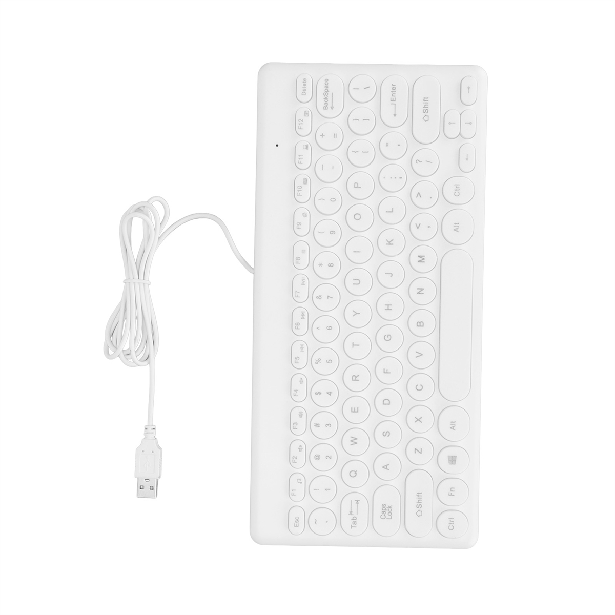 Weiße Kompakt-Tastatur mit USB-Kabel und einfachem Tastenlayout.