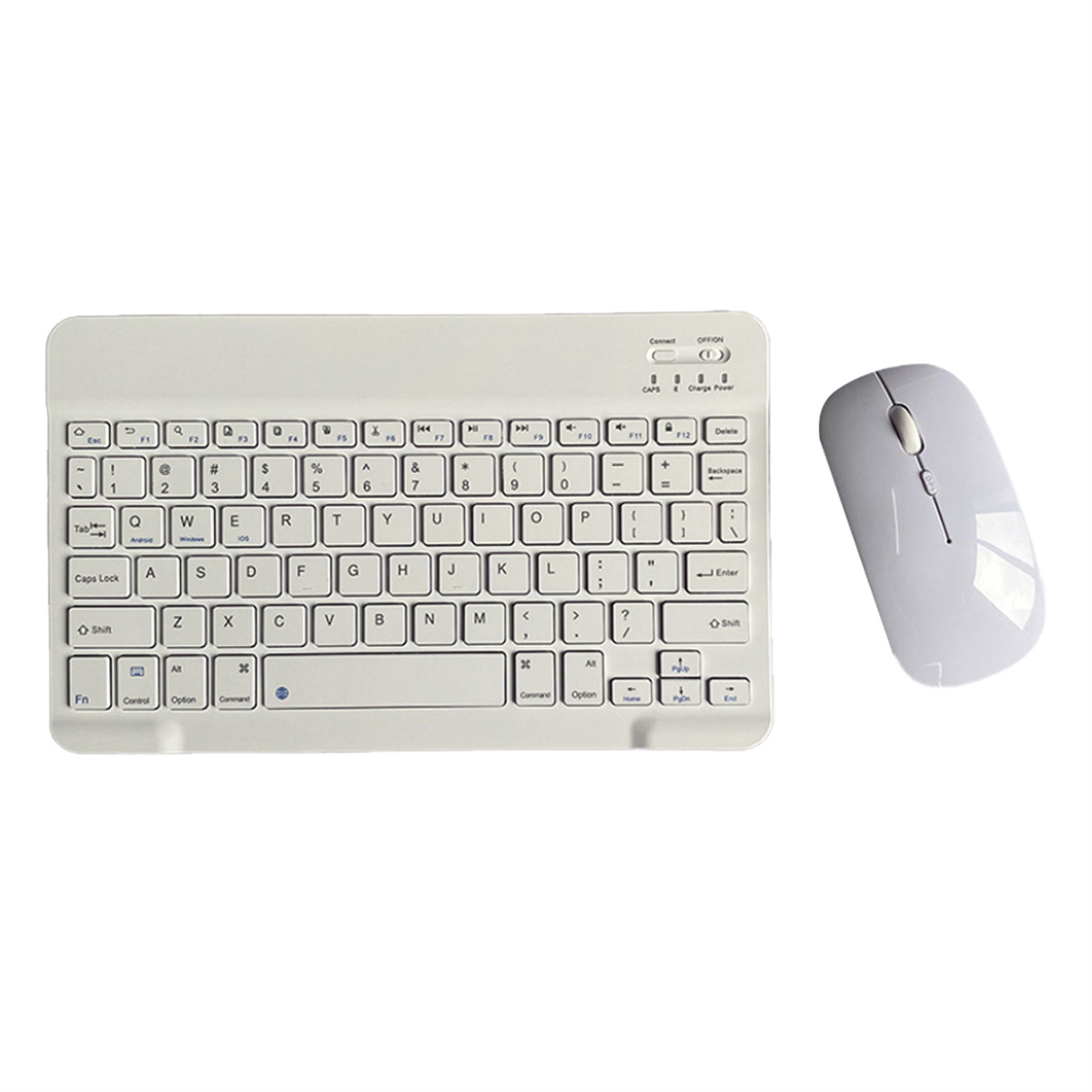 Weißes Tastatur- und Maus-Set. Die Tastatur hat Tasten. Die Maus ist rechts.