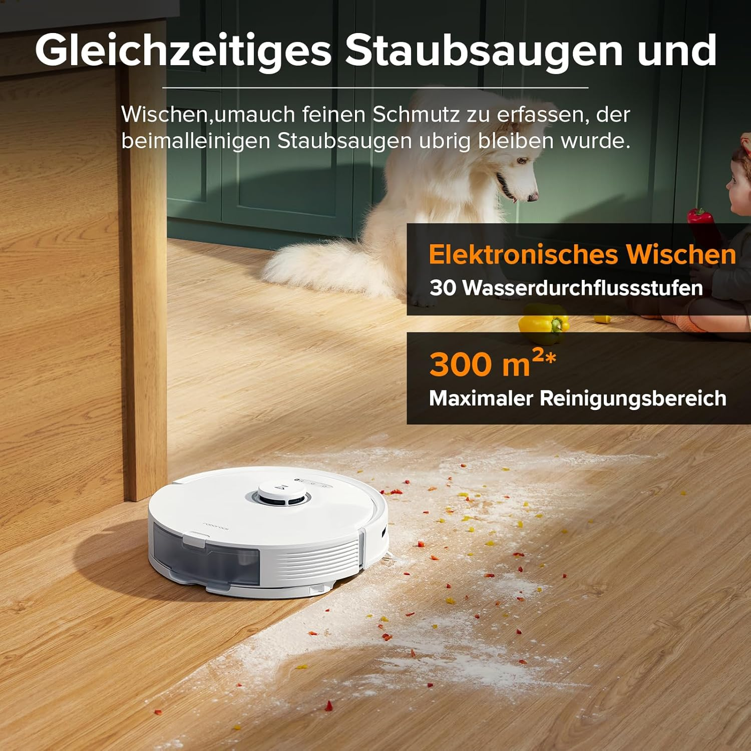 Robot sprzątający czyści drewnianą podłogę. Tekst wyświetla: 300 m2*, maksymalny obszar czyszczenia.