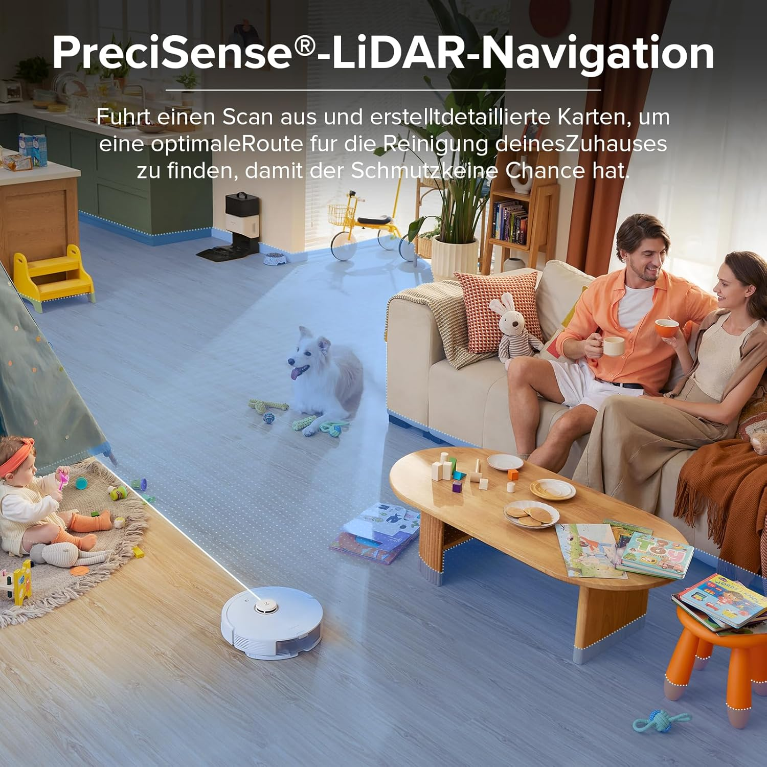 Salon z robotem sprzątającym, rodziną, zabawkami i niebieskim planem podłogi.