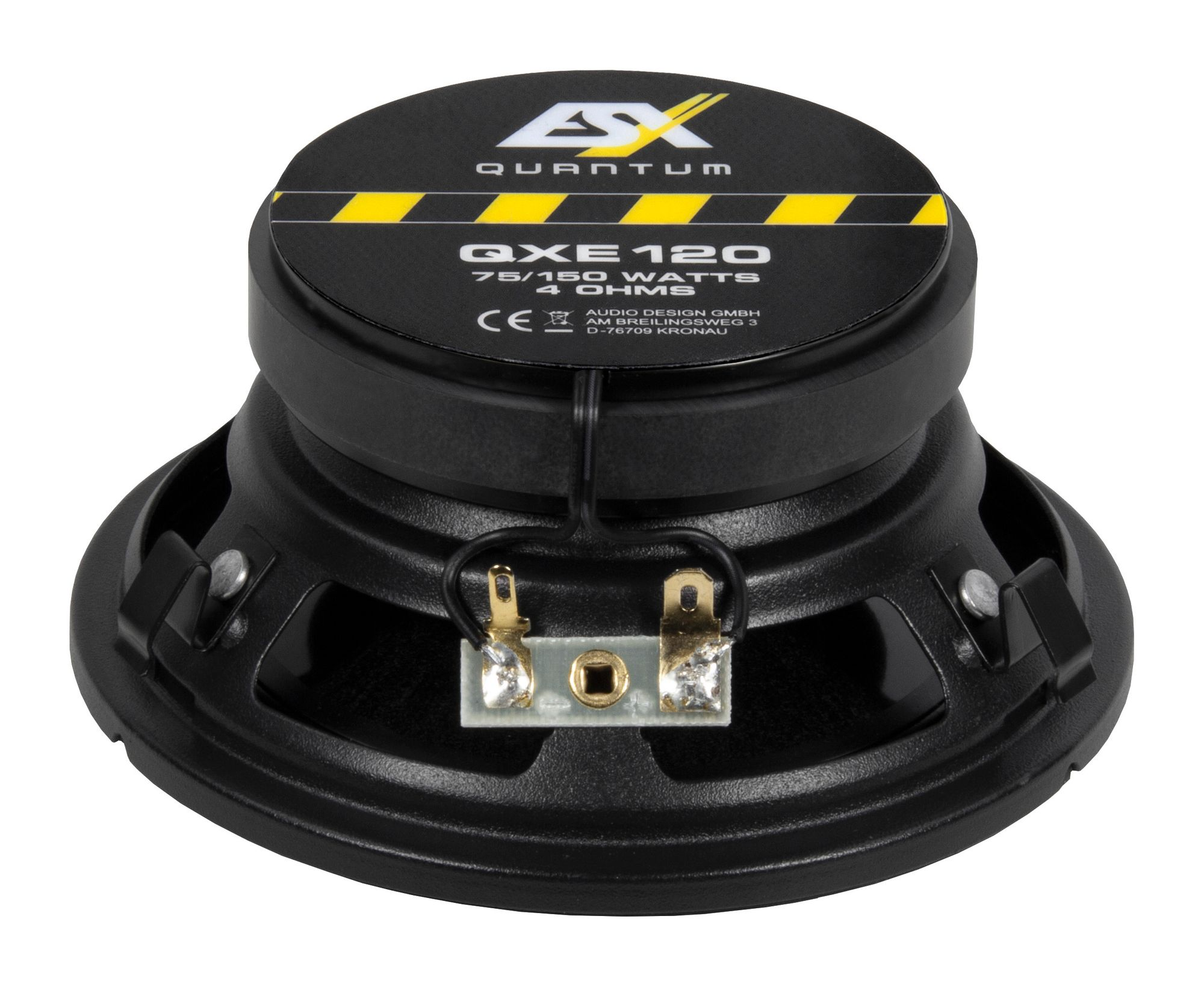 Schwarzer ESX Quantum-Autolautsprecher mit Etikett und schwarzem Rahmen. Weißer Hintergrund.