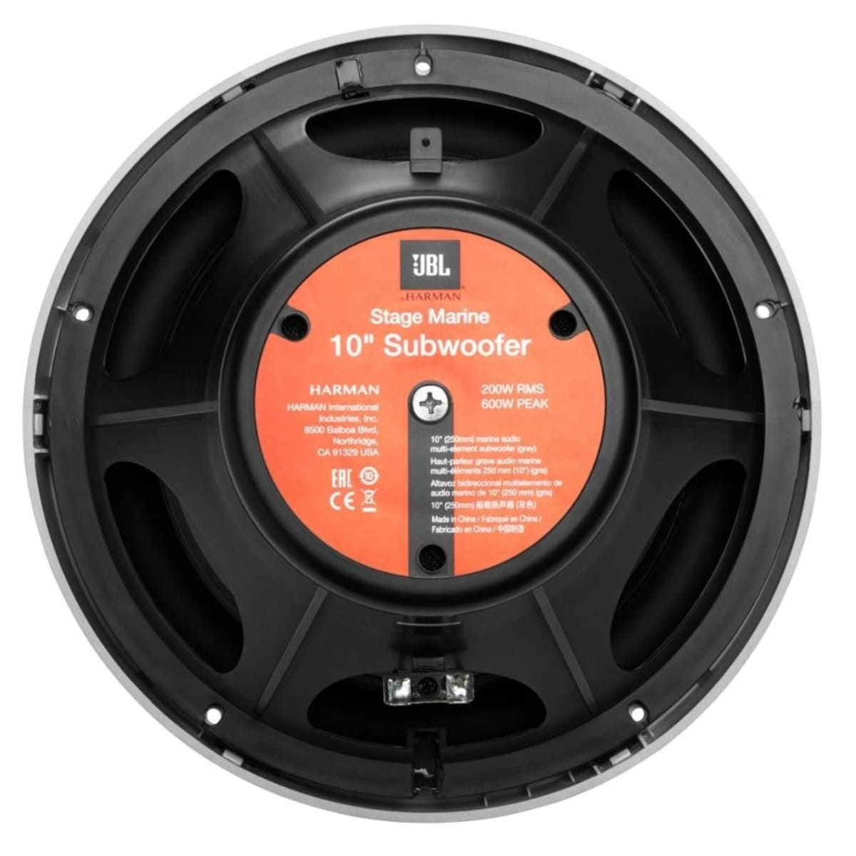 Ein schwarzer und silberner JBL 10" Subwoofer mit Details und Text.