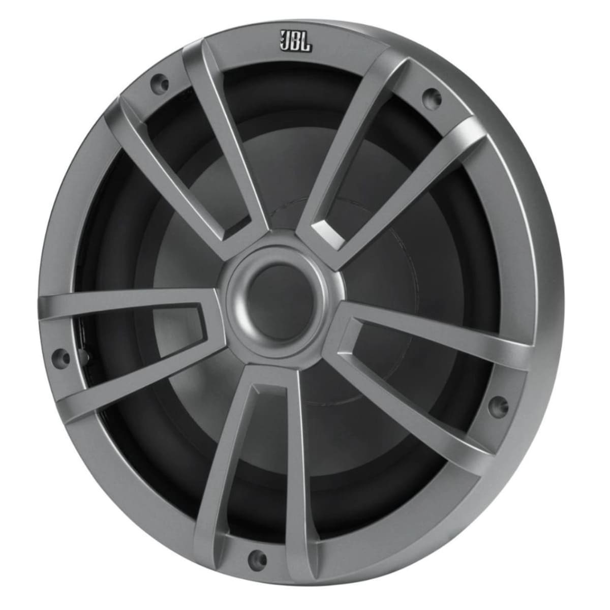 Ein silberner JBL-Lautsprecher mit kreisförmigem Design und komplexem Gittermuster.