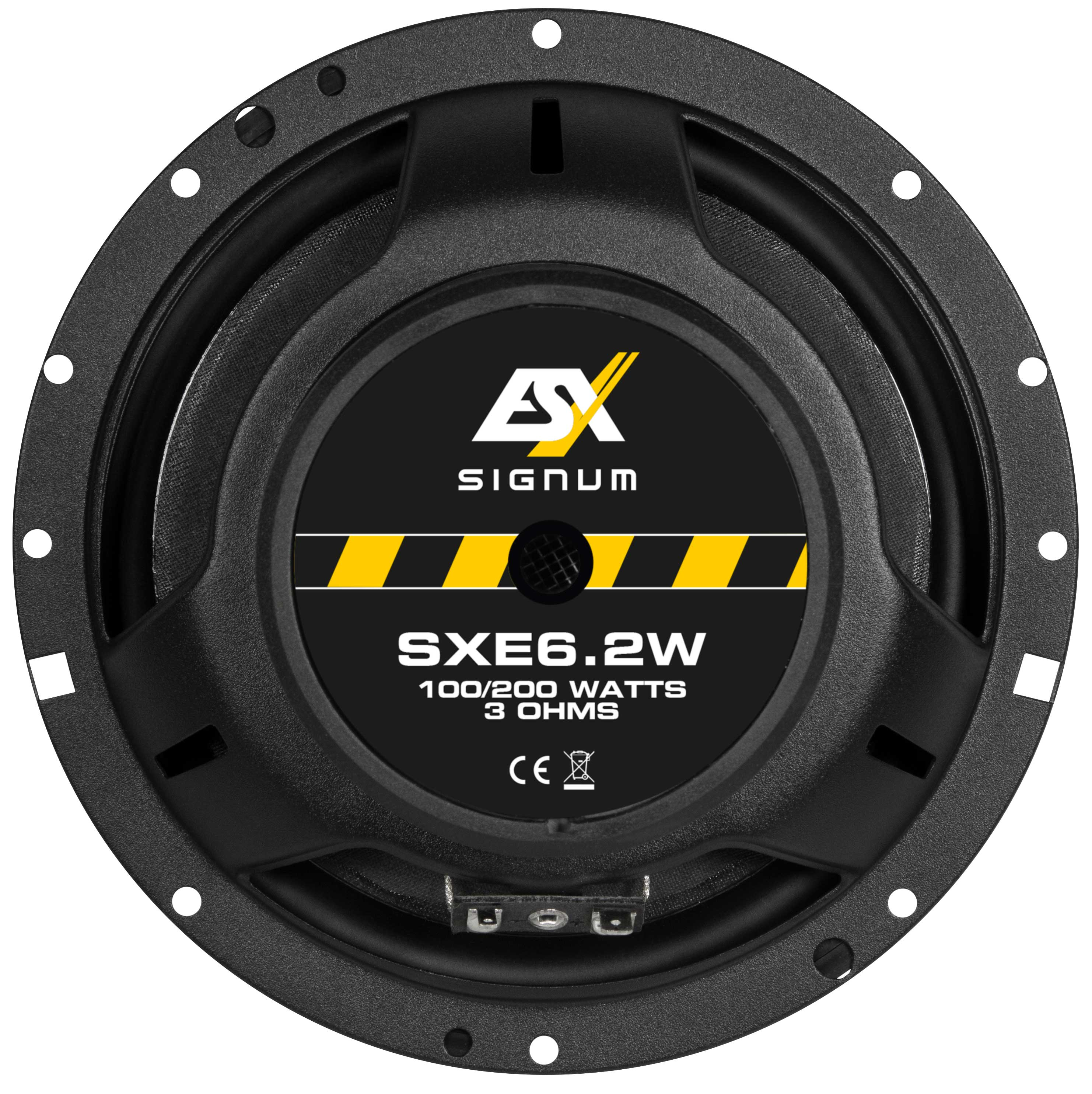 Ein schwarzer Lautsprecher mit gelben Streifen und dem ESX Signum Logo, mit Text, der Modell und Spezifikationen angibt.